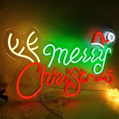 SYLHOME Merry Christmas Led Neon Light Sign Santa Hat Christmas Tree Party Home Bedroom Wall Sign Decor Backdrop Xmas 15.75" X 9.8" USB Colorful