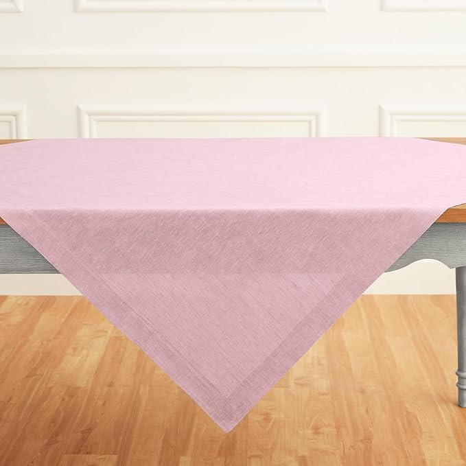 Solino Home Linen Tablecloth 52 x 52 Inch - 100% Pure Linen Square Table Throw - Athena, Machine Washable Bubblegum Pink Tablecloth