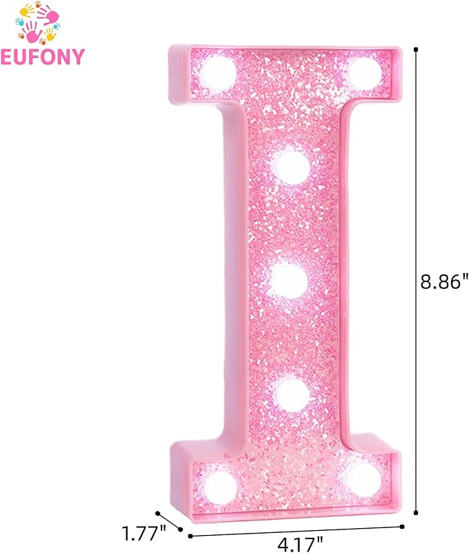Pink LED Marquee Light Up Letters, Glitter Alphabet Letter Lights for Birthday Party Decorations, Battery Operated Letter Signs for Girls Room Table Decor, Pink letter I with Cool White Lights