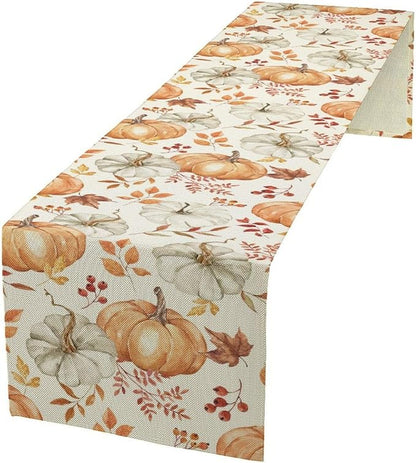 Pumpkin Table Runner Fall Orange White Colorful Leaves Berries Thanksgiving Watercolor Illustration Rustic Decor for Farmhouse Indoor Outdoor Party Holiday Dining Kitchen Restaurant Cafe W13xL120in