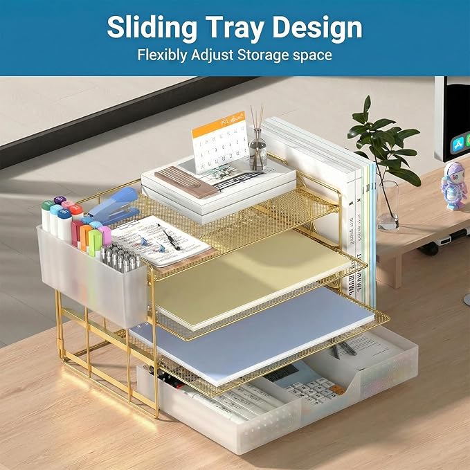 Desk Organizer, 4-Tier Paper Organizer Letter Tray with File Holder, Drawer and 2 Pen Holders, Desktop File Organizer for Office Supplies, Workspace Storage, Gold