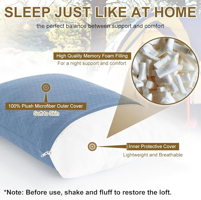 Ivellow Memory Foam Travel Pillow Compressible Camping Pillow for Sleeping Shredded Memory Foam Pillow Compact Firm Supportive Travel Pillow for Adults Kids Outdoor Hiking Essential Gear Blue-S