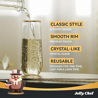 JOLLY CHEF 48 Pack Plastic Champagne Flutes, 9 oz Gold Stemless Champagne Flutes, Plastic Champagne Glasses, Shatterproof Recyclable Mimosa Glasses for Party, Wedding, Christmas, Birthday