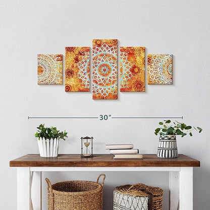 ElephantStock - Sun Like Mandala Symbols Wall Art - Horizontal Multi Panel Canvas - 5 Piece Living Room Wall Decor - Digital Art Elements Multi Piece Wall Art - Orange And Blue Decor - 29" x 12"