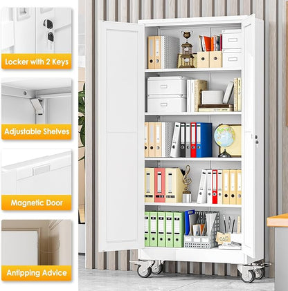 71''H Tall Metal Garage Storage Cabinet with Wheels,Steel File Cabinets with 2 Doors and 4 Adjustable Shelves for Home Office, Warehouse, Required Assembly,White