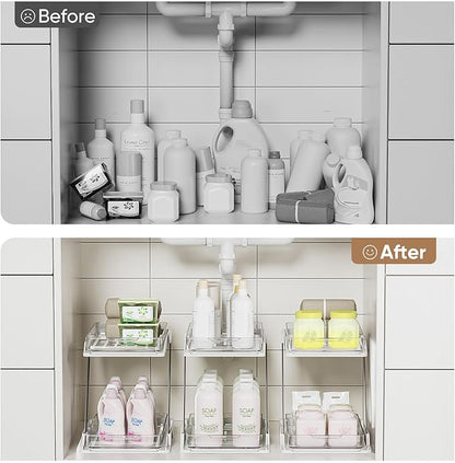 2 Pack Bathroom Organizers and Storage - Multi-Purpose,2-Tier Clear Pull Out Organization for Bathroom,Under Sink,Kitchen,Vanity,Countertop,Cabinet,Pantry & Medicine Cabinet,White