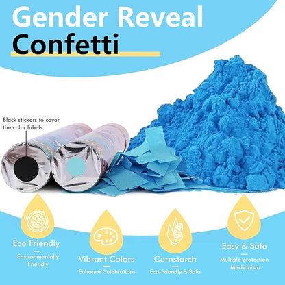 Previvo Gender Reveal Confetti Powder Cannon - 2 Pack Blue Baby Gender Reveal Poppers - 100% Biodegradable Powder Smoke - Baby Party Supplies