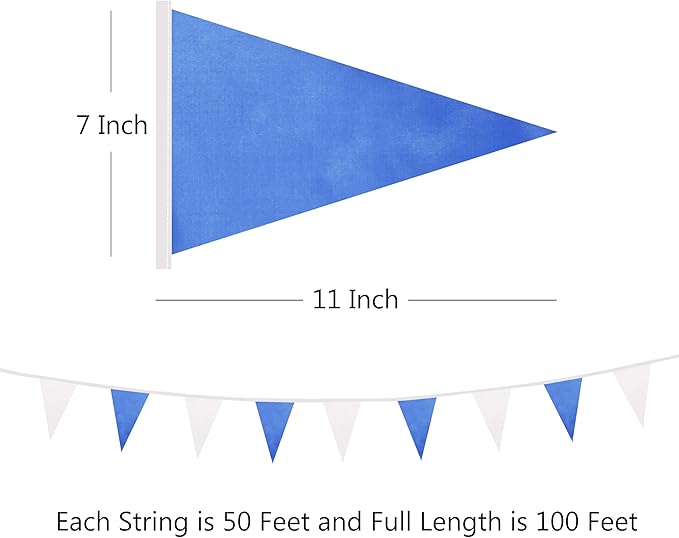 100 Ft White Dark Blue Pennant Banner Flag, 60 Pcs String Hanging DIY Bunting Flags for Party, School, Wedding, Carnival, Celebrations, Outdoor and Indoor Decorations (White Dark Blue)