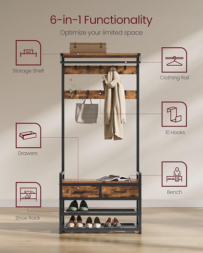 VASAGLE Hall Tree with Bench and Shoe Storage, Entryway Coat Rack with Shoe Bench, 2 Fabric Drawers, 10 Hooks, 11.8 x 31.7 x 71.5 Inches, Vintage Brown and Ink Black UHSR429B01
