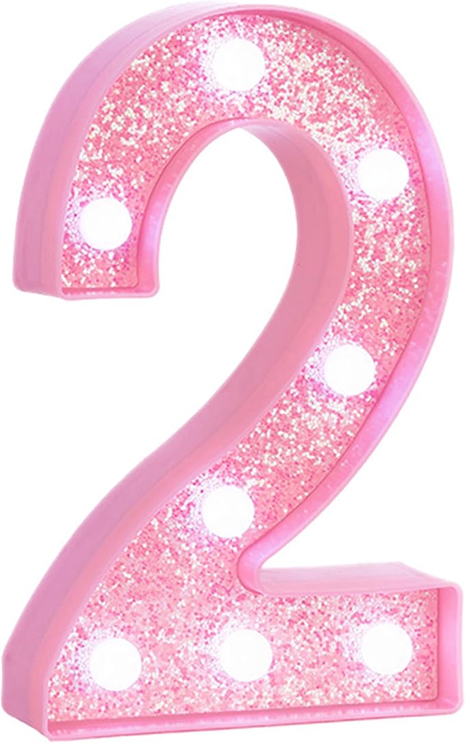 Pink LED Light Up Marquee Numbers, Glitter Lighted Numbers Sign Battery Operated for Girls 2nd 12th Birthday Party Decorations, 2025 Graduation Prom Decor, Pink Number 2 with Cool White Lights