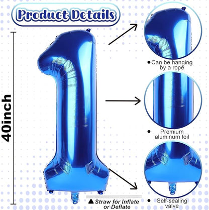 40 Inch Navy Blue Number 1 Balloon, Dark Royal Blue Large Self Inflating Foil One Balloons for 1st Birthday Decorations Boys Girls, Digital 1 Helium Balloon for First Birthday Baby Shower Anniversary