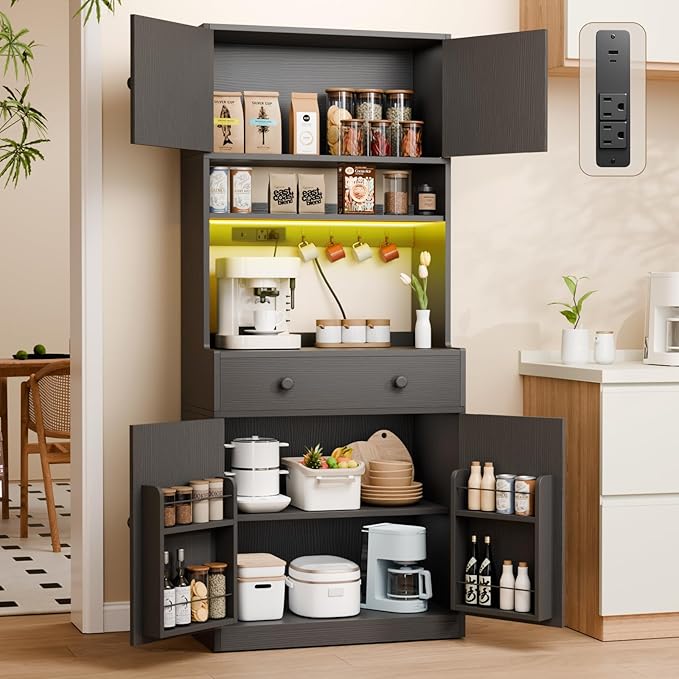 71" Tall Kitchen Pantry Storage Cabinet with Power Outlet & LED Light, Freestanding Food Pantry Cabinet with 4 Doors and Shelves, Cupboard with Drawer, Hutch with Microwave Stand (Black)