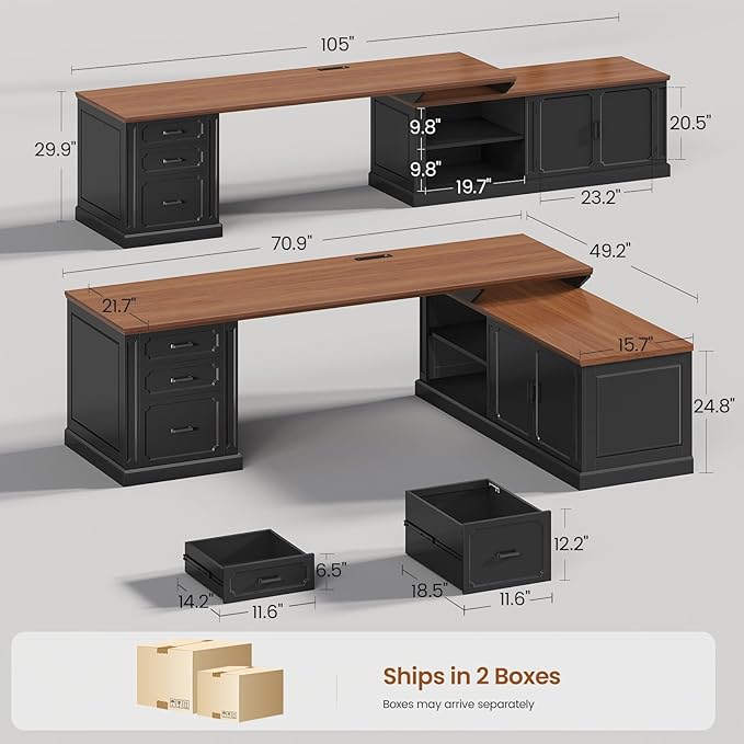 SEDETA Farmhouse L Shaped Desk with Drawers, 70.9" Home Office Desk with Storage Cabinet and Storage Shelves, L Shaped Computer Desk with Power Outlet，Black