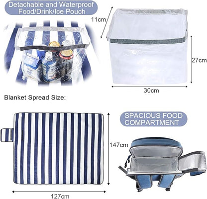 Sunflora Picnic Backpack for 4 Person Set Pack with Insulated Waterproof Pouch for Family Outdoor Camping(Blue & Stripe)
