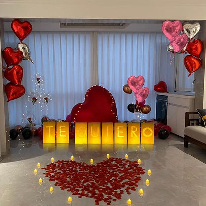 Te Quiero Lighted Letters Sign 17pcs Luminary Paper Bags 2200pcs Red Pink Artificial Rose Petals 48pcs Flameless LED Candle Tealight 15pcs Heart Balloons Romantic Night Valentine's Day