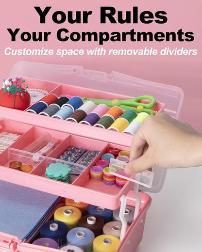 12in 3-Layer Plastic Craft Organizers and Storage, Portable Folding Tackle Box with Handle & Adjustable Dividers, Multipurpose Case for Sewing, Art Supplies, Medicine, Tools (Pink)