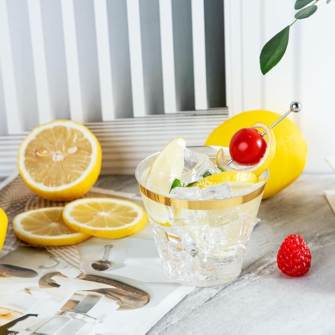 Ciaell 200PCS Gold Plastic Cups - 9Oz Heavy Duty Disposable Clear Plastic Cups with Gold Rim for Wine, Cocktail, Party & Wedding & Thanksgiving