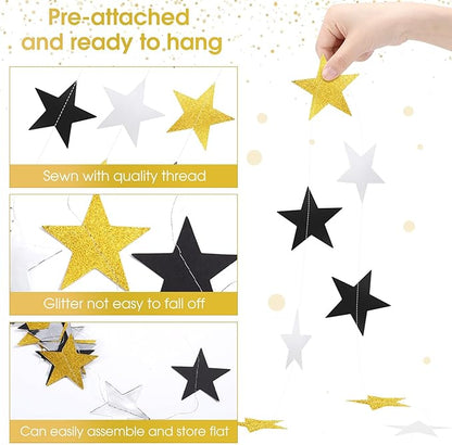 Patelai Glitter Star Garland Banner Christmas Decor 130 Feet Star Hanging Bunting Banner Twinkle Backdrop for Homecoming Classroom Wedding Birthday Halloween Party Supplies(Silver Gold Black)