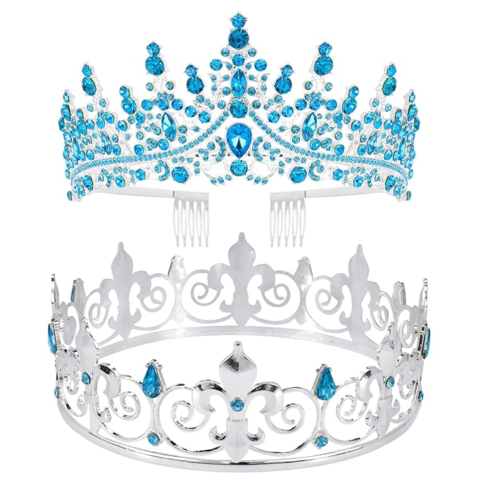VELSCRUN 2 Pcs Tiara Crown for Men Women, Blue Crowns for Men Metal, King Queen Crown Tiaras, Prince Crown Princess Tiaras for Girls, Birthday Prom Wedding Halloween Party Hair Accessories