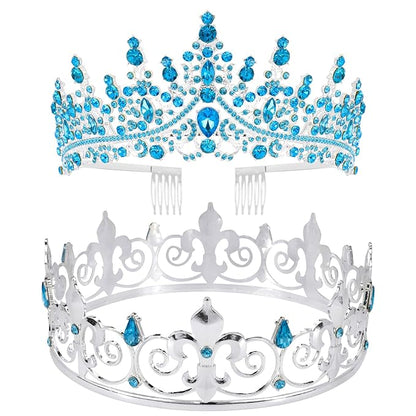 VELSCRUN 2 Pcs Tiara Crown for Men Women, Blue Crowns for Men Metal, King Queen Crown Tiaras, Prince Crown Princess Tiaras for Girls, Birthday Prom Wedding Halloween Party Hair Accessories