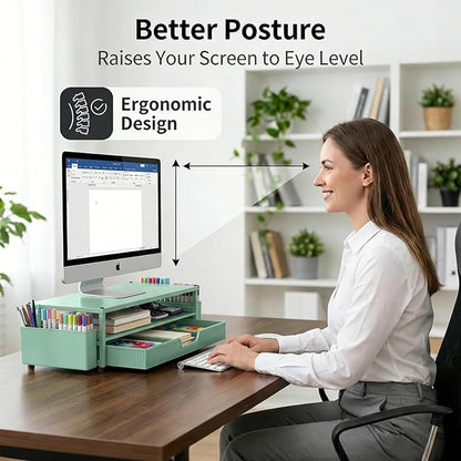 Desk Organizer and Accessories, 2-Tier Computer Monitor Stand Rise with Storage Drawer & 2 Pen Holders, Laptop & Printer Stand for Desktop, Workspace Organizers for Office Supplies (Green)