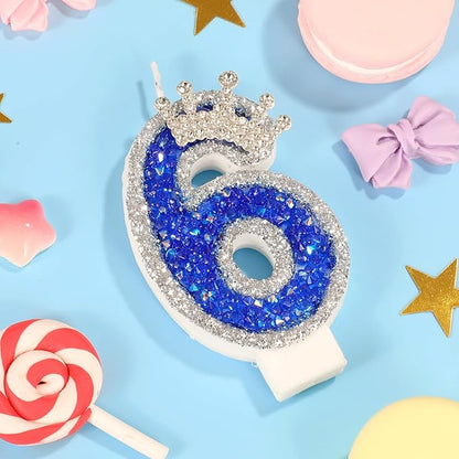 Blue Birthday Candle Crown Number 6 Candle with Sequins Cake Candles Cupcake Decorations Party Decor for Anniversary Celebrations Supplies