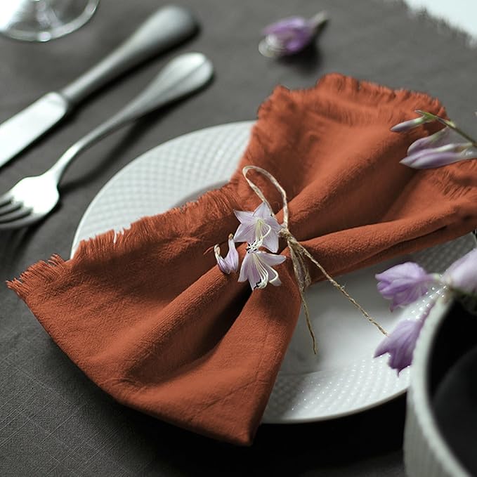 Handmade Cloth Napkins 100% Cotton Napkins with Fringe，Delicate Handmade Cloth Napkins for Dinners, Parties, Weddings and More，18 x 18 Inch Set of 4 - Terracotta