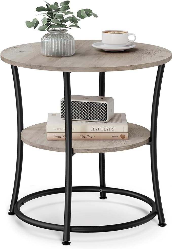 VASAGLE 21.7-Inch Round Side Table, 2-Tier End Table, Nightstand with Steel Frame, Spacious Top, for Small Spaces, Living Room, Bedroom, Heather Greige and Ink Black ULET56BG | 2 Storage Shelves, Living Room, Bedroom, Nightstand, Small Spaces, Accent C...