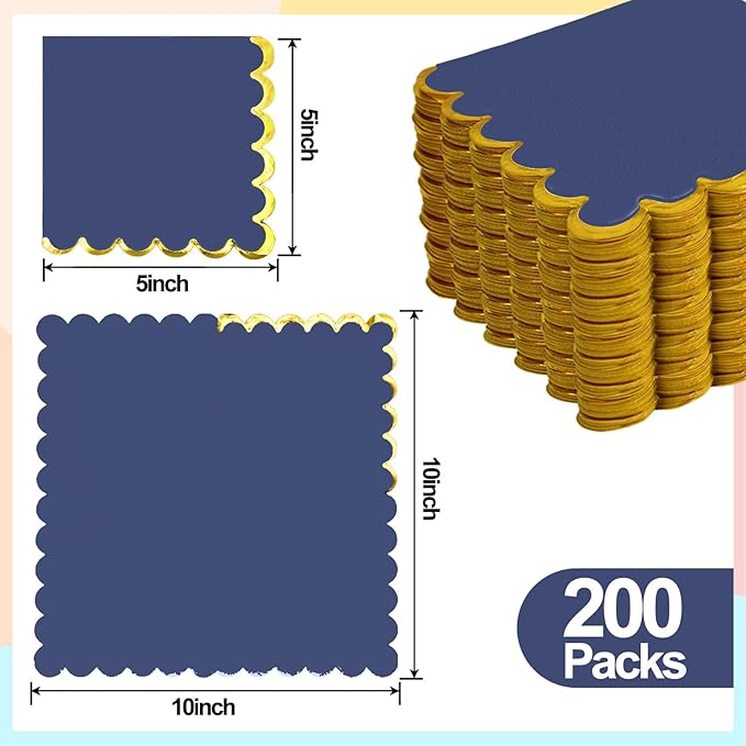 200 Pack Navy Blue and Gold Paper Napkins Scalloped Cocktail Napkins Blue Disposable Beverage Napkins for Birthday Baby Shower Wedding Party Supplies Dinnerware Tableware Decorations