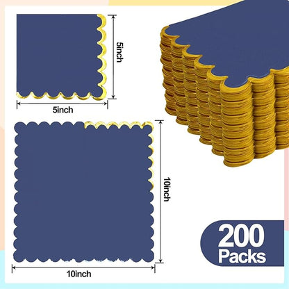 200 Pack Navy Blue and Gold Paper Napkins Scalloped Cocktail Napkins Blue Disposable Beverage Napkins for Birthday Baby Shower Wedding Party Supplies Dinnerware Tableware Decorations