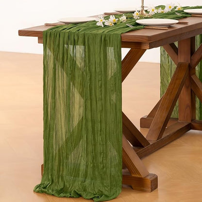 Socomi 6pcs Olive Green Fall Thanksgiving Cheesecloth Table Runner Boho Rustic Gauze 120 inch 10FT Cheese Cloth Runner for Wedding Party Baby Shower Birthday Home Decor Holiday Decorations