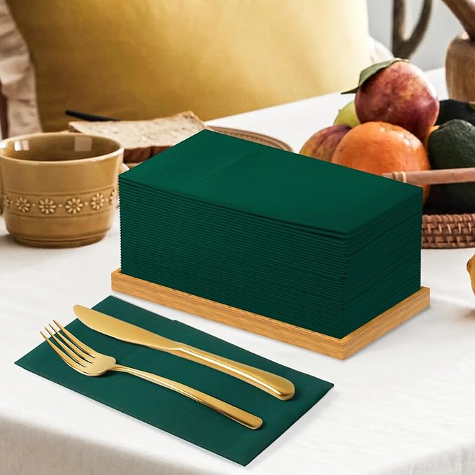 KAMMAK Dark Green Napkins Disposable with Pocket Cloth Like Dinner Paper Napkins 100 Pack Folded Guest Hand Towel for Party Decoration, Wedding Reception, Bathroom or Restaurant (16.5 x 16.5 inch)