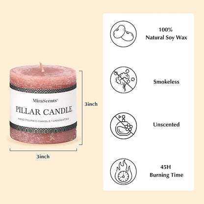 3x3 Inch Brown Pillar Candles Set of 3 - Unscented Candles, Long Clean Burning, Large Big Candle, Smokeless Dripless Pillar Candle for Dinner Table, Wedding, Home, Bathroom, Rustic Decor