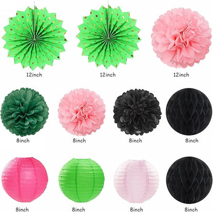 Green Hot-Pink Black Summer-Hawaiian Birthday Decorations - 21pcs Girls Woman Happy Party Banner Garland,Tropical Beach Pool Paper Streamers Lanterns,Flower Tissue Pom Poms Fan Supplies Decor Huglony