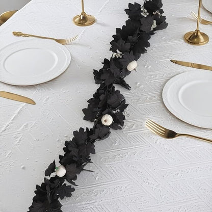 Artificial Fall Garland with Maple Leaves, Pumpkins & Berries – 7ft Black Autumn Garland for Thanksgiving, Fireplace Mantel, Doorway & Fall Harvest Table Decor,Halloween Decor