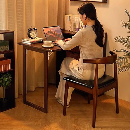 Bamboo Folding Desk with Storage Shelves, Space Saving Mid Century Modern Bookcase with Drop Down Table, Hide Away Desk for Home Bedroom Study Office