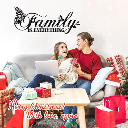 Family Signs Metal Wall Decor, Oppro Family Is Everything Word Sign with Butterfly for Home Decor, Black Art Plaque Letters for Living Room Dining Room Bedroom Housewarming Mother's Day Father's Day Christmas , 17”x6.3”