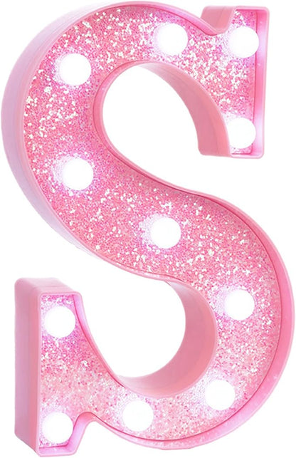 Pink LED Marquee Light Up Letters, Glitter Alphabet Letter Lights for Birthday Party Decorations, Battery Operated Letter Signs for Girls Room Table Decor, Pink letter S with Cool White Lights