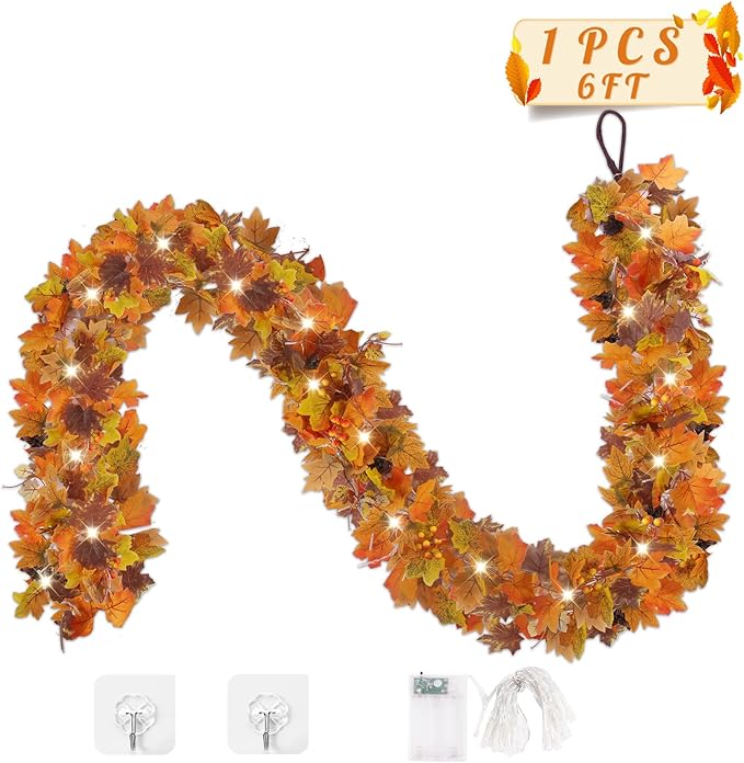 6FT Fall Decor, Fall Garland with Lights for Mantle, Fall Decorations for Home, Realistic Fall Leaves Garland with Pine Berries Cone for Outdoor Indoor Porch Table Fireplace Thanksgiving Decorations