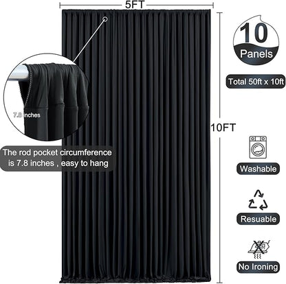 10 Panels Black Backdrop Curtain for Parties Wrinkle Free Black Photo Curtains Backdrop Drapes Fabric Decoration for Birthday Party Wedding 50ft(W) x 10ft(H)