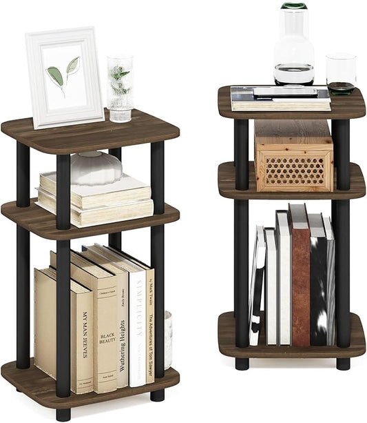 Furinno JUST Side Table Set of 2, 3-Tier Turn-N-Tube End Table with Open Shelf, Round Curve Corner Night Stand, Bedside Table, Easy Assembly, for Living Room, Bedroom, Columbia Walnut