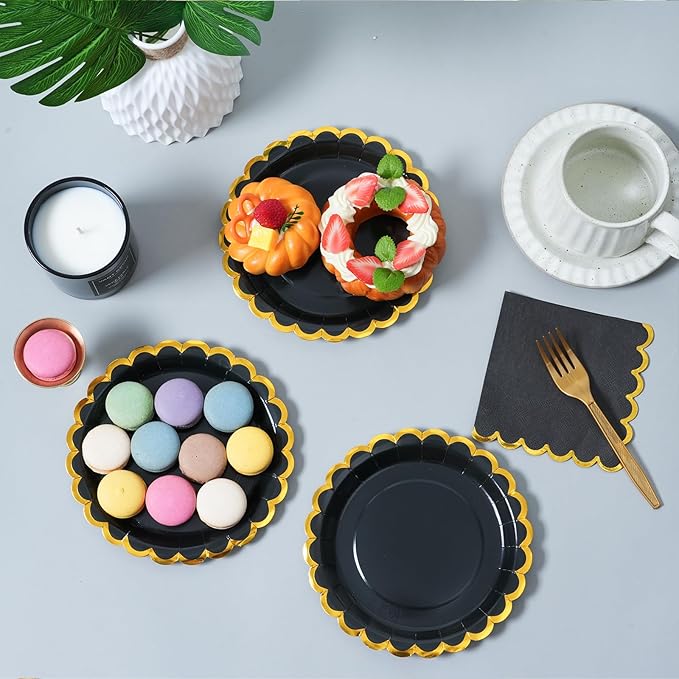 black & gold scalloped party plates with napkins and fork gold foil border, 24 Guest Black disposable Tableware Set Party Decoration for Birthday Coquette Bridal Baby Shower Valentines