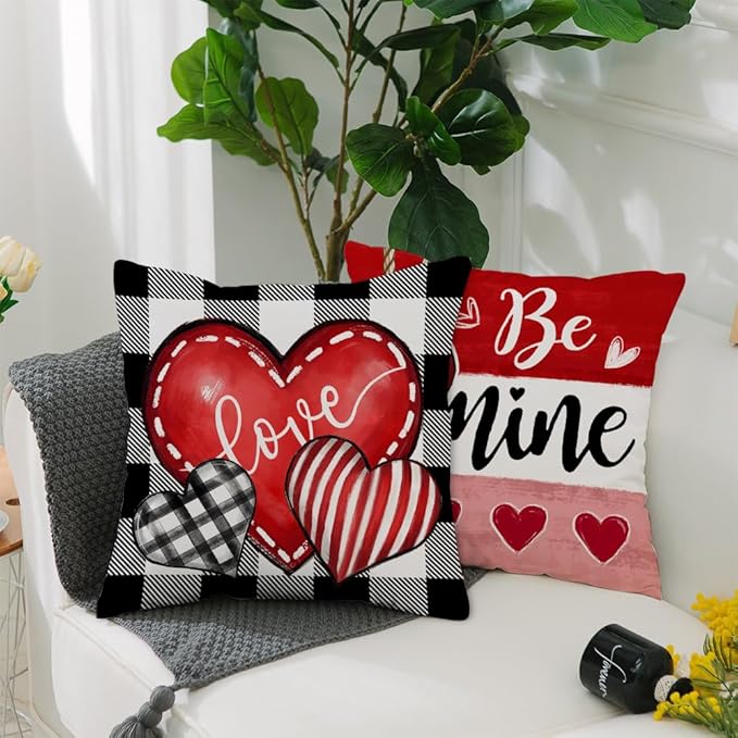 GEEORY Valentine's Day Love You More Be Mine Throw Pillow Covers 18x18 Inch Set of 4, Red Hearts Truck Stripes Plaid Decorative Farmhouse Wedding Cushion Case for Home Decoration G658-18
