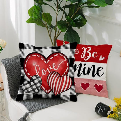 GEEORY Valentine's Day Love You More Be Mine Throw Pillow Covers 18x18 Inch Set of 4, Red Hearts Truck Stripes Plaid Decorative Farmhouse Wedding Cushion Case for Home Decoration G658-18