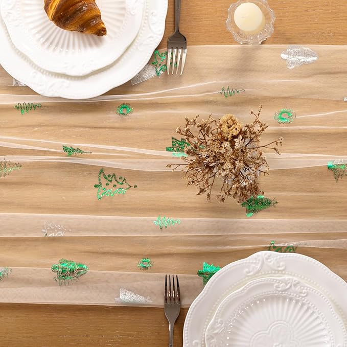 Beige Gold Table Runner for Christmas Sheer Gauze Cheesecloth 120 Inch with Glitter Holiday Party Decor for Family Gatherings Dining Table Home Celebration
