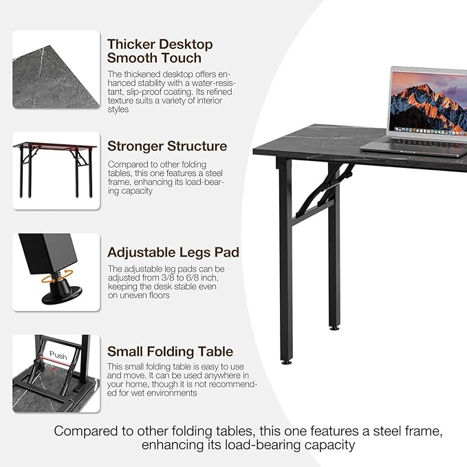 TEMI Small Computer Desk Folding Table - 43.3" Foldable Office Desk, No Assembly, Perfect for Small Spaces in Bedroom, or Apartment, Portable Mini Desk or Study Table Compact Design, Marble Greige