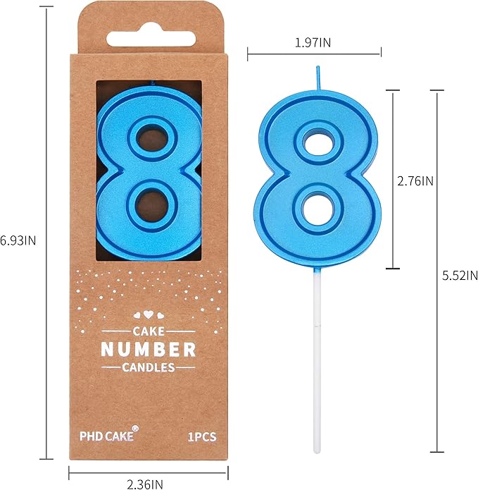 PHD CAKE 2.76 Inch Luxe Blue 8 Number Birthday Candles, Blue Number Candles, Cake Number Candles, Party Celebration