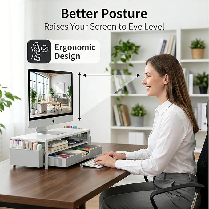 Desk Organizer and Accessories, 2-Tier Computer Monitor Stand Rise with Storage Drawer & 2 Pen Holders, Laptop & Printer Stand for Desktop, Workspace Organizers for Office Supplies (White)