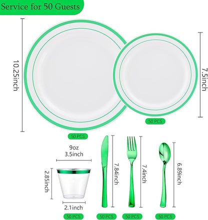 300 PCS Green Plastic Dinnerware Set for 50 Guests,Green Rimmed Heavy Duty Plastic Disposable Plates for Party Wedding-50 Dinner Plates,50 Dessert Plates,50 Silverware Set,50 Cups