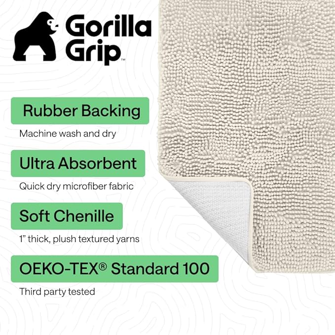 GORILLA GRIP Bath Rug Mat 48x24, Soft Absorbent Chenille, Quick Dry Microfiber Mats, Rubber Backing Washable Shower Floor Rugs, Bathmat Runner, US Designed Bathroom Home Decor Accessories Ivory Cream